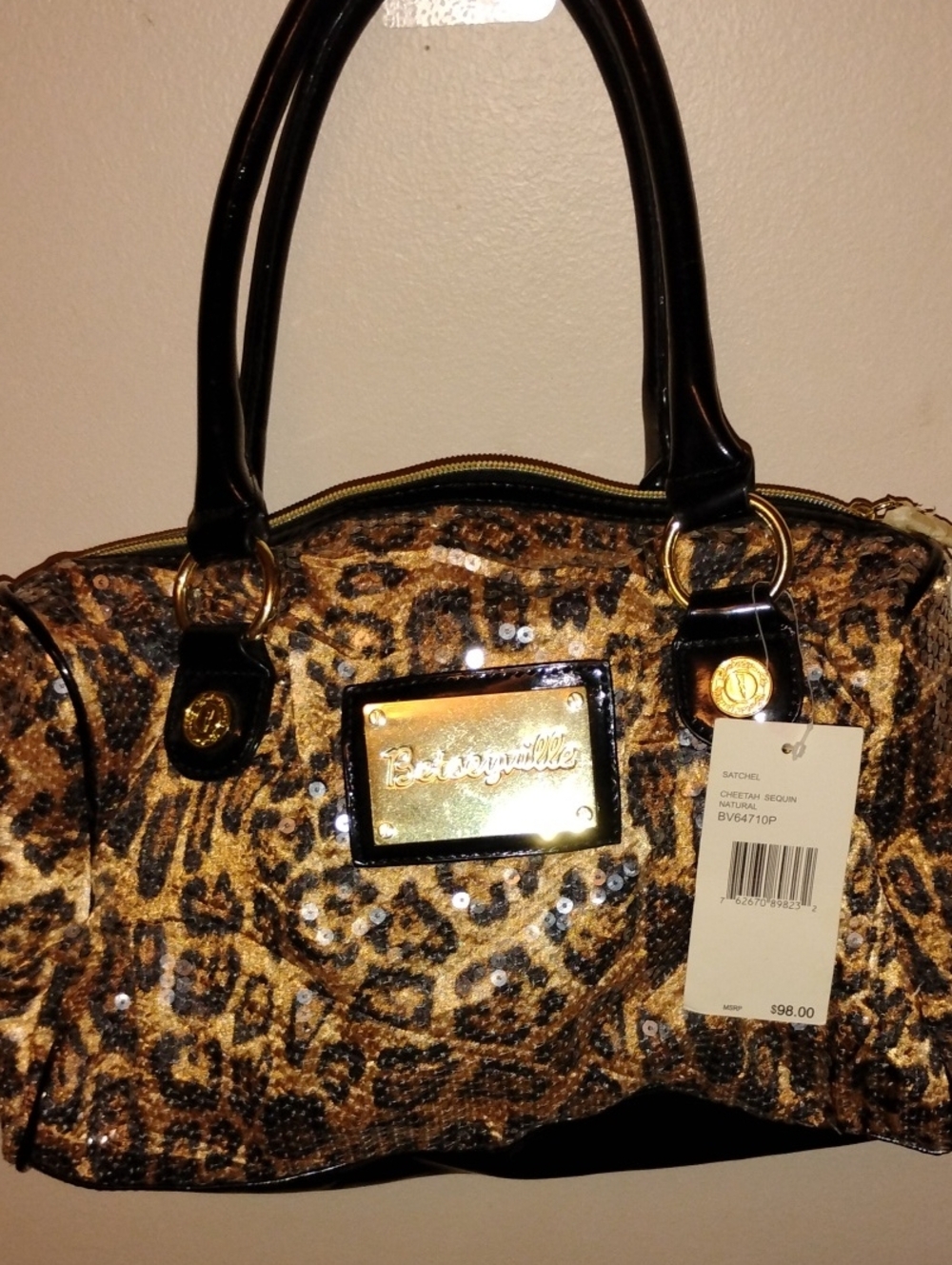 Betsey Johnson Leopard Sequin Satchel in Gold and Black